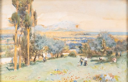 Pio Joris (Roma 1843 - 1921)  - Il Circeo visto dalla piana di Terracina