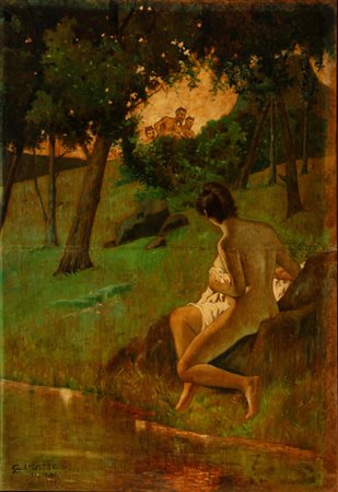 Scuola francese, secolo XIX - Ninfa al bagno sorpresa da satiri, 1899