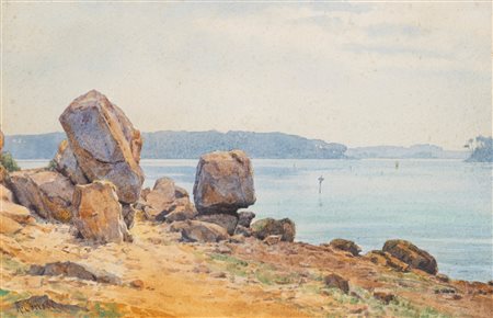 Hermann David Salomon Corrodi (Frascati 1844 - Roma 1905)  - Scogli in riva al mare