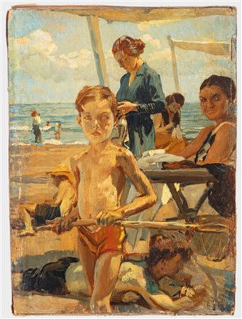 Ettore Tito (Castellammare di Stabia 1859 - Venezia 1941)  - Figure sulla spiaggia