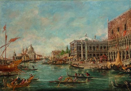 Giuseppe Ponga (Chioggia 1856 - Venezia 1925)  - Venezia, il bacino di San Marco dalla Riva degli Schiavoni