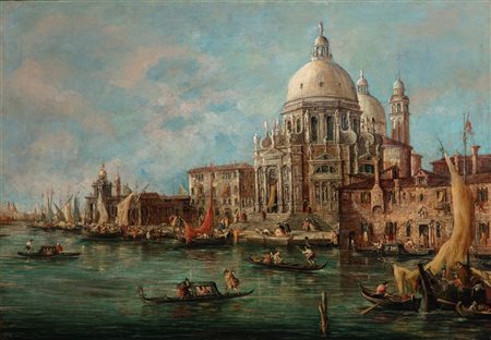 Giuseppe Ponga (Chioggia 1856 - Venezia 1925)  - Venezia, Canal Grande verso la Chiesa della Madonna della Salute e la Punta della Dogana