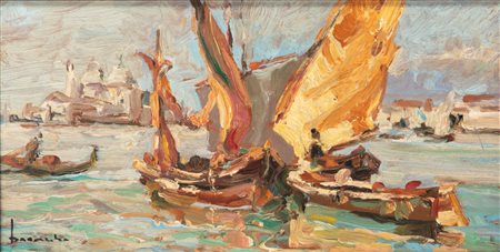 Angelo Brombo (Chioggia 1893 - Padova 1962)  - Venezia, bacino di San Marco e Punta della Dogana (bozzetto)