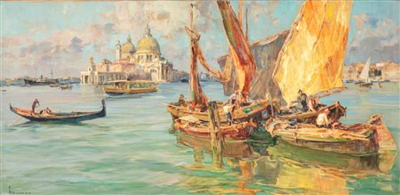 Angelo Brombo (Chioggia 1893 - Padova 1962)  - Venezia, bacino di San Marco e Punta della Dogana