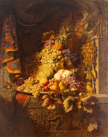 George Lance (Little Easton 1802 - Birkenhead 1864)  - Trionfo di frutta con tappeto persiano, 1863