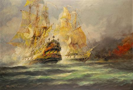 Rudolf Claudus (Oldenburg 1893 - Roma 1964)  - Battaglia tra velieri, 1962