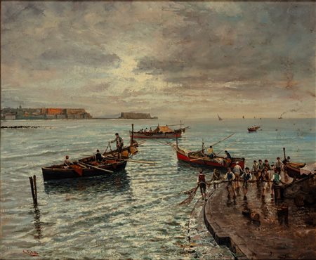 Attilio Pratella (Lugo 1856 - Napoli 1949)  - Marina con pescatori