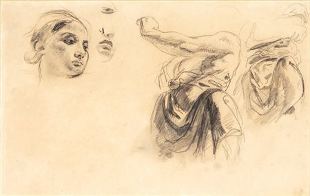 Eugène Delacroix (Saint-Maurice 1798 - Parigi 1863)  - Studi di testa e torso femminili