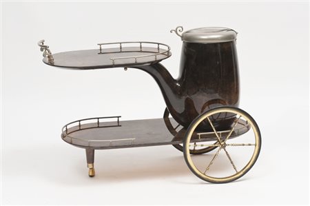 Aldo Tura - Carrello a forma di pipa, in legno rivestito di pergamena...