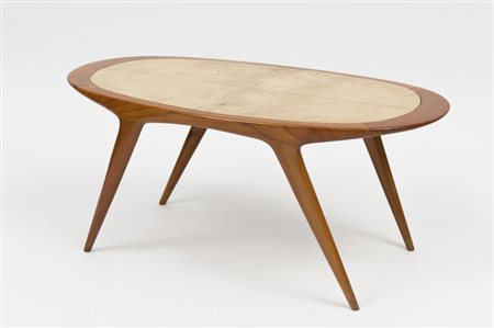 Tavolino basso in legno con piano in pergamena, produzione italiana 1950 (cm...