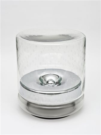 Grande lampada cilindrica da appoggio, base in vetro e metallo cromato,...