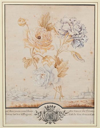 Scuola francese del XVIII secolo Bouquet di fiori con veduta di città Matita,...