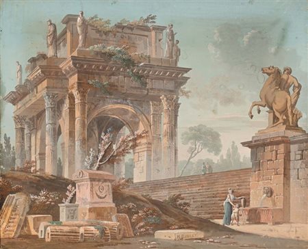 Hubert Robert (attribuito a) Capriccio con rovine classiche Firmato 'H....