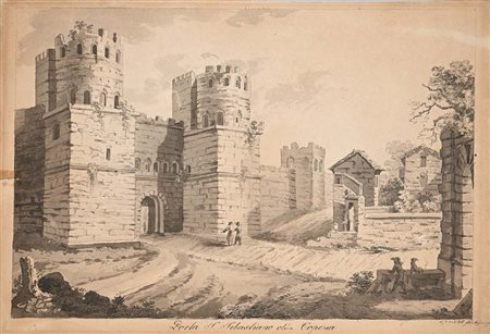 Scuola tedesca del XIX secolo Veduta della Porta San Sebastiano 1818 Firmato...