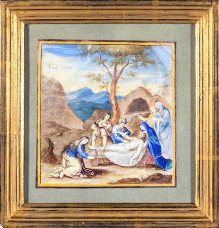 Scuola Romana del XVIII secolo Deposizione di cristo Tempera su pergamena mm...