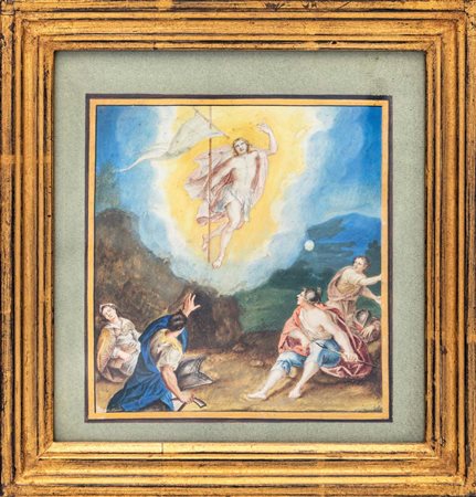 Scuola Romana del XVIII secolo Resurrezione di Cristo Tempera su pergamena mm...