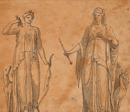 Scuola neoclassica Studi di Diana e Giunone China acquerellata su carta mm...