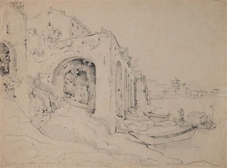 Scuola tedesca del XIX secolo Studio di paesaggio fluviale con ruderi 1831...