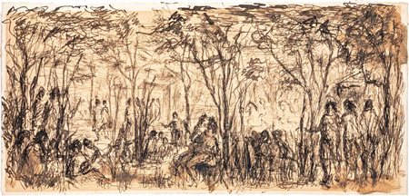 Scuola Italiana del XIX secolo Festa nella foresta china su carta mm 125x270