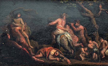 Pittore del XVIII secolo Il ratto delle Sabine Olio su carta cm 7,5x12 - con...