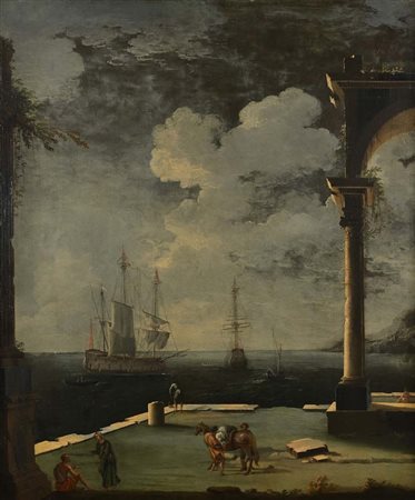 Leonardo Coccorante (attribuito a) Paesaggio costiero con rudere, figure ed...