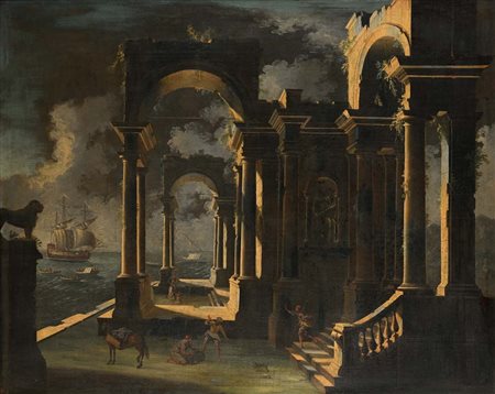 Leonardo Coccorante (attribuito a) Architettura con figure e sfondo di vedute...