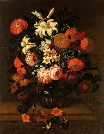 Pittore fiammingo del XVII secolo Natura morta con fiori olio su tela Cm...