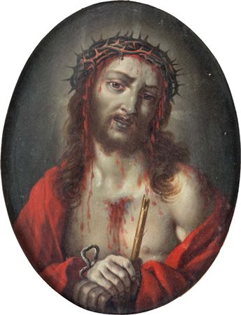 Scuola Romana del XVIII secolo Ecce Homo La tela, di formato ovale e...