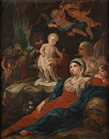 Scuola Emiliana del XVII secolo Sacra Famiglia con angeli odio su tela cm 53x68