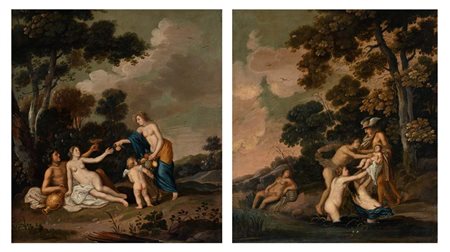 Pittore del XVIII secolo Coppia di olii su rame con scene mitologiche...