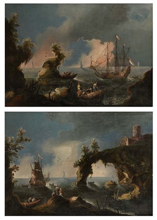 Scuola napoletana del XVII secolo Coppia di dipinti raffiguranti vedute di...