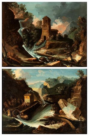 Alessio De Marchis Coppia di dipinti: A) Paesaggio collinoso con casolare...