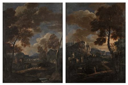 Scuola romana del XVII/XVIII secolo Coppia di paesaggi Questi coppia di...