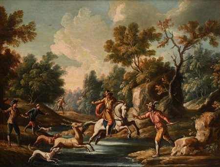 Pittore piemontese del XVIII secolo Scena di caccia olio su tela 86x107 cm...
