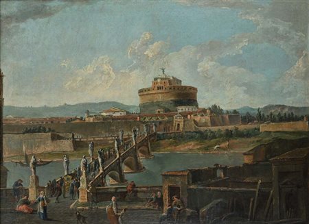 Pittore romano del XVIII secolo Paesaggio Castel Sant'Angelo olio su tela cm...