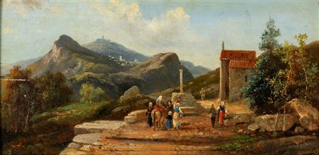 Scuola romana del XIX secolo Paesaggio con montagne olio su pannello cm...