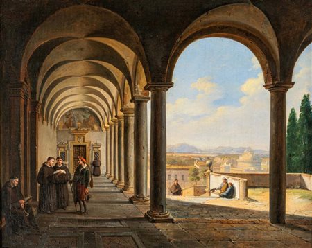 Pittore del XIX secolo Monaci Benedettini in un Chiostro Dom, dal lattino...