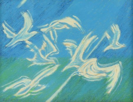 Bruno Fanesi I GABBIANI pastello a olio su tavola, cm 19,5x25 firma sul...