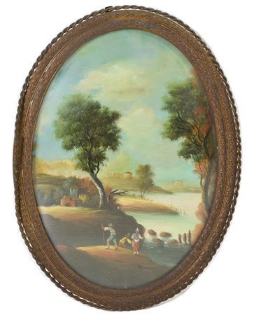 Ignoto PAESAGGIO olio su lastra di rame ovale, cm 13x18 firma