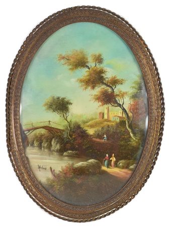 Ignoto PAESAGGIO olio su lastra di rame ovale, cm 13x18 firma