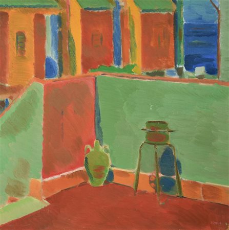 Giancarlo Borgia COMPOSIZIONE SUL TERRAZZO, 1985 olio su tela, cm 60x60 firma...