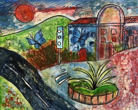 Ignoto PAESAGGIO URBANO olio su tela, cm 40x50 sul retro: firma e dedica ad...