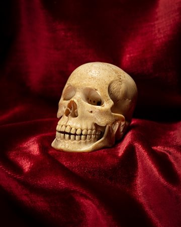 Memento mori a guisa di teschio in avorio intagliato e traforato. Nord Europa, secolo XIX 