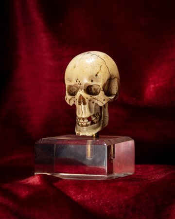 MEMENTO MORI RAFFIGURANTE TESCHIO IN AVORIO INTAGLIATO E TRAFORATO. NORD EUROPA, INIZIO SECOLO XX. SU BASE IN PLEXIGLASS