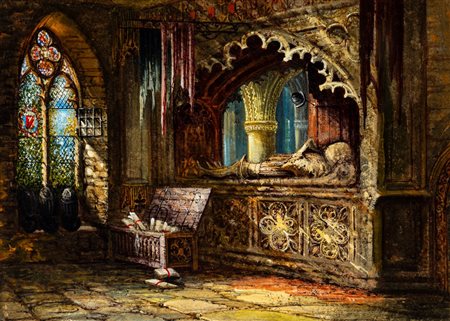 Scuola inglese, secolo XIX - Interno di cripta gotica con tomba e salma di un guerriero. In cornice