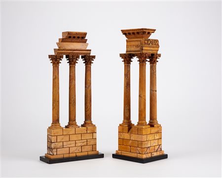 Due modellini Grand Tour in marmo giallo dei templi di Castore e Polluce e Vespasiano, secolo XIX 