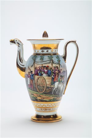 Importante caffettiera con coperchio in porcellana francese decorata a Napoli, 1830 circa