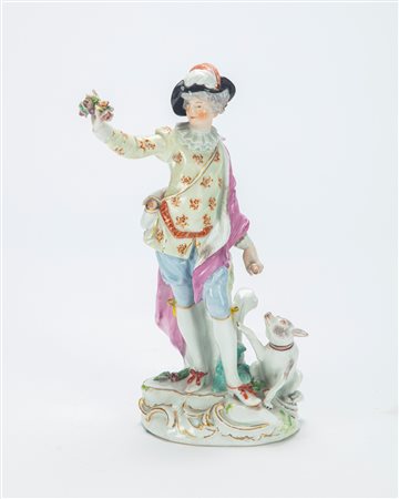 Cavaliere con cane in porcellana. Manifattura di Meissen, inizio XIX secolo