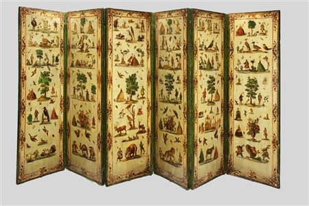 Paravento a sei ante decorate su entrambi i lati ad "Arte Povera". Secolo XVIII