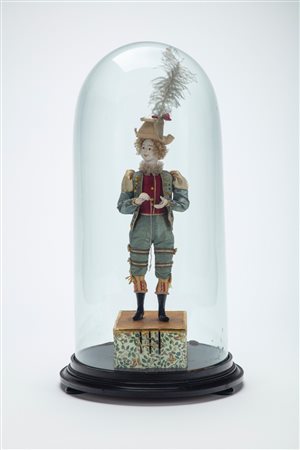Automa, figura su base lignea entro campana in vetro, Francia, secolo XIX. 